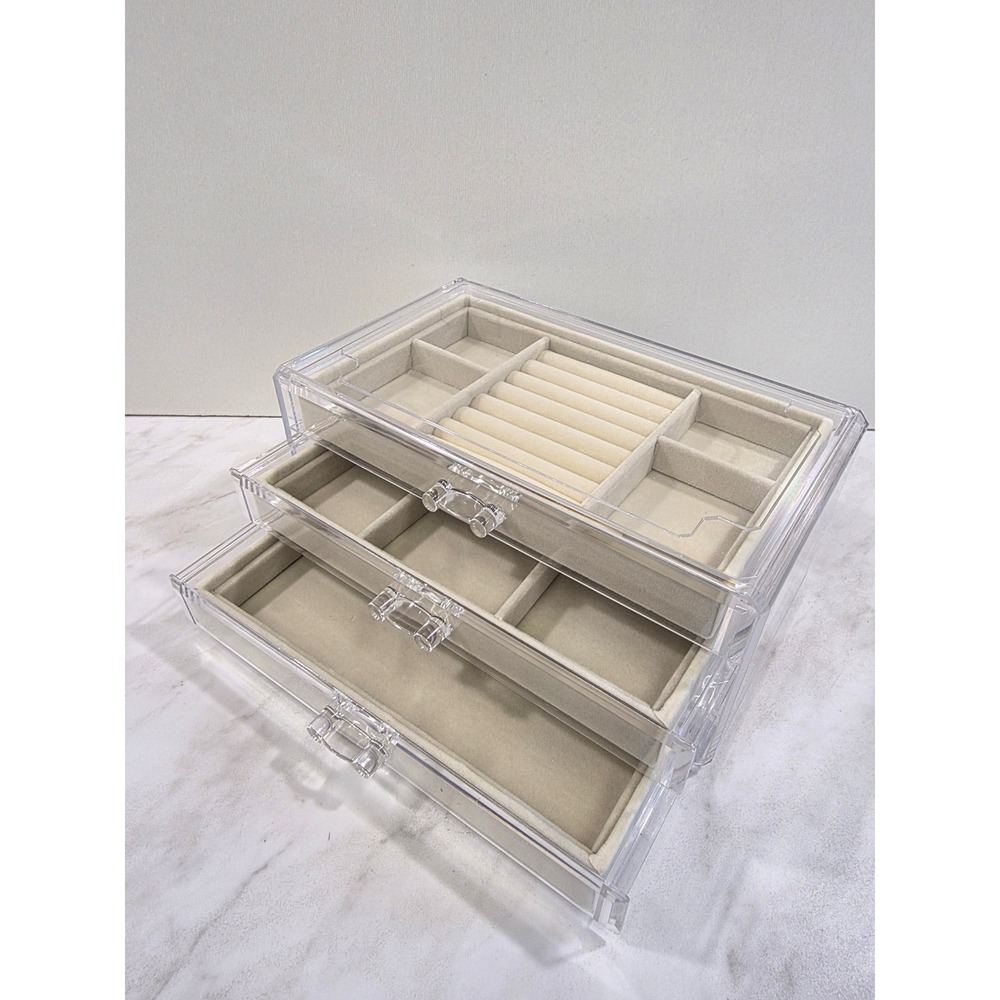Minimalist Modern Jewelry Box 3 Drawers Velvet Lining Clear Acrylic Women Clear